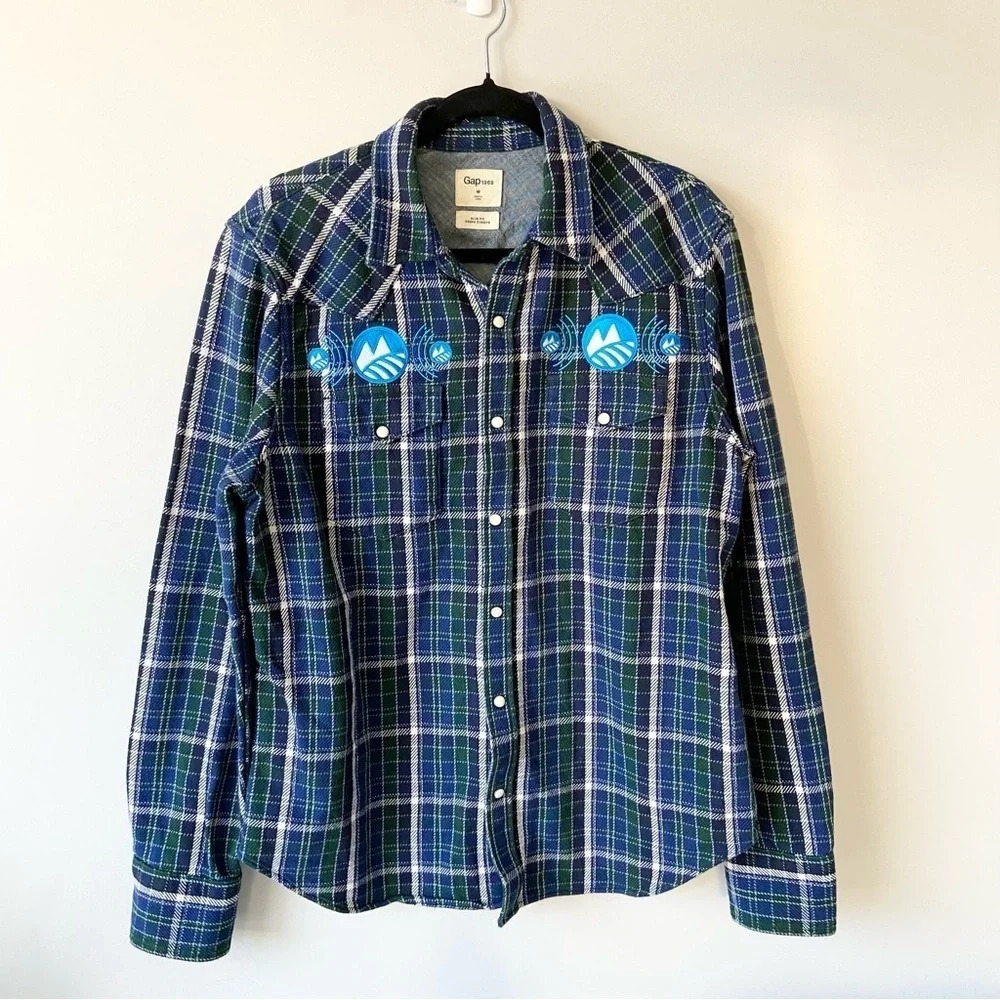 Gap Slim Fit Western Blue Green Plaid Shacket